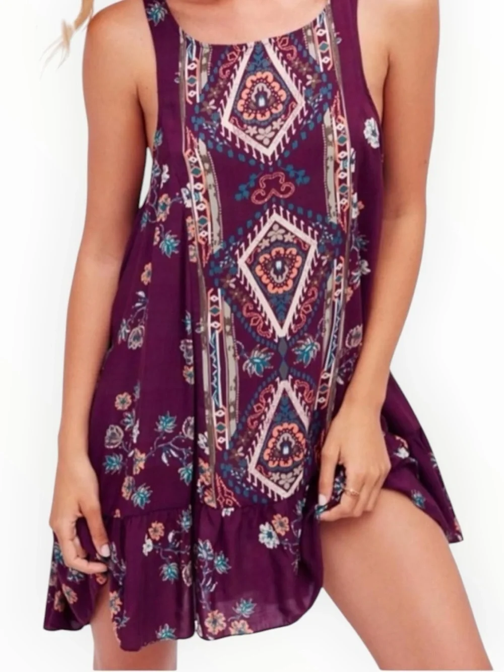 FREE PEOPLE Intimately Annka Boarder Slip Dress Plum Floral Geo Tank Swing XS S